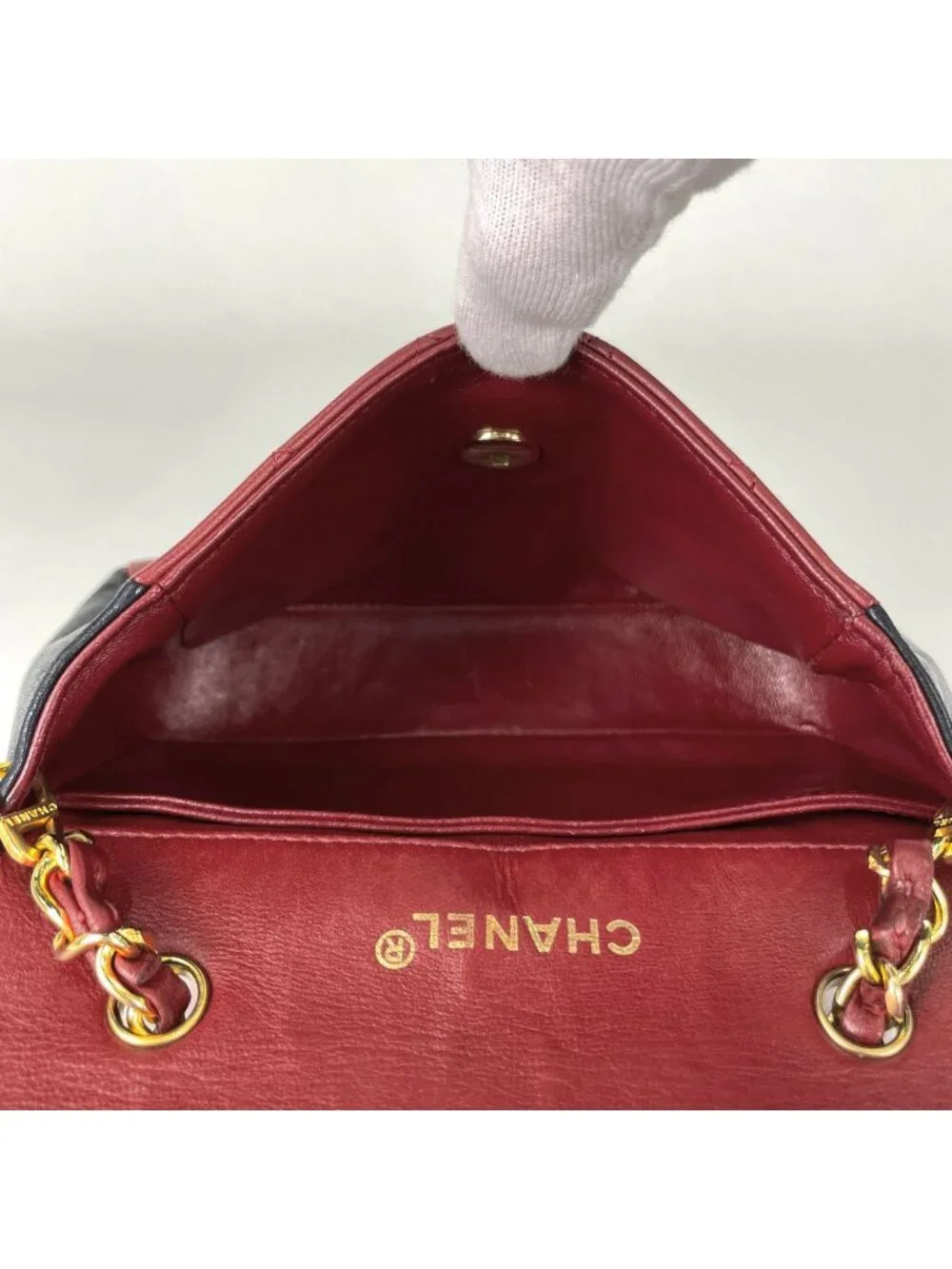 Chanel CC Logo Chain Shoulder Bag Bicolor Leather Red Black